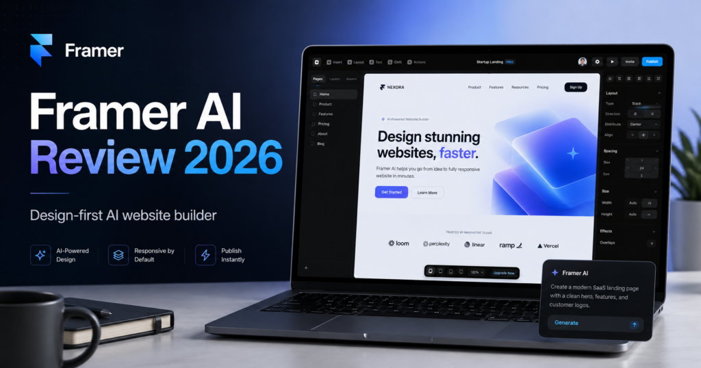 Framer AI website builder interface on a laptop in 2026