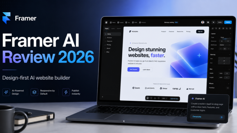 Framer AI website builder interface on a laptop in 2026
