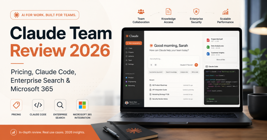 Claude Team review 2026 illustration showing collaborative AI workspace for teams