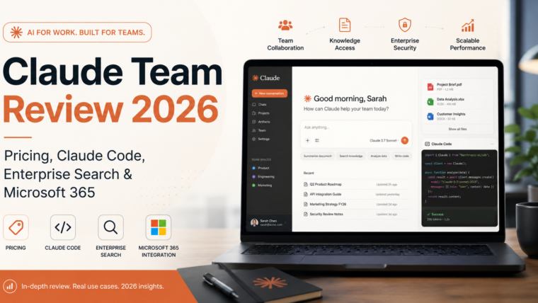 Claude Team review 2026 illustration showing collaborative AI workspace for teams