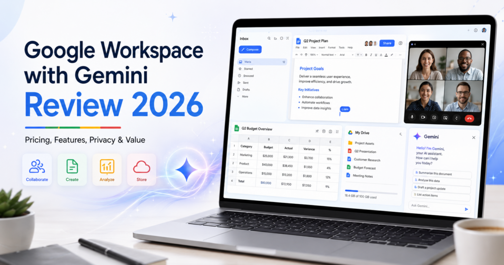 Google Workspace with Gemini review 2026 showing Gmail, Docs, Sheets, Drive and Meet