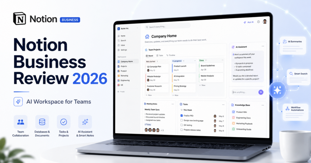 Notion Business review 2026 with AI workspace, projects and team collaboration