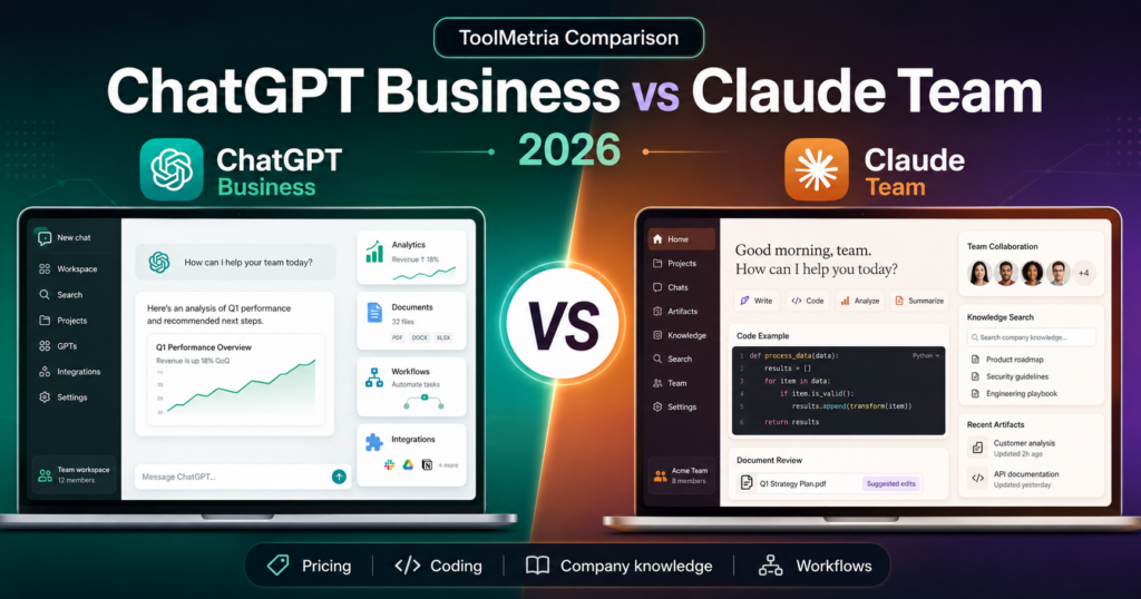 ChatGPT Business vs Claude Team comparison 2026 for business AI, coding, company knowledge and workflows
