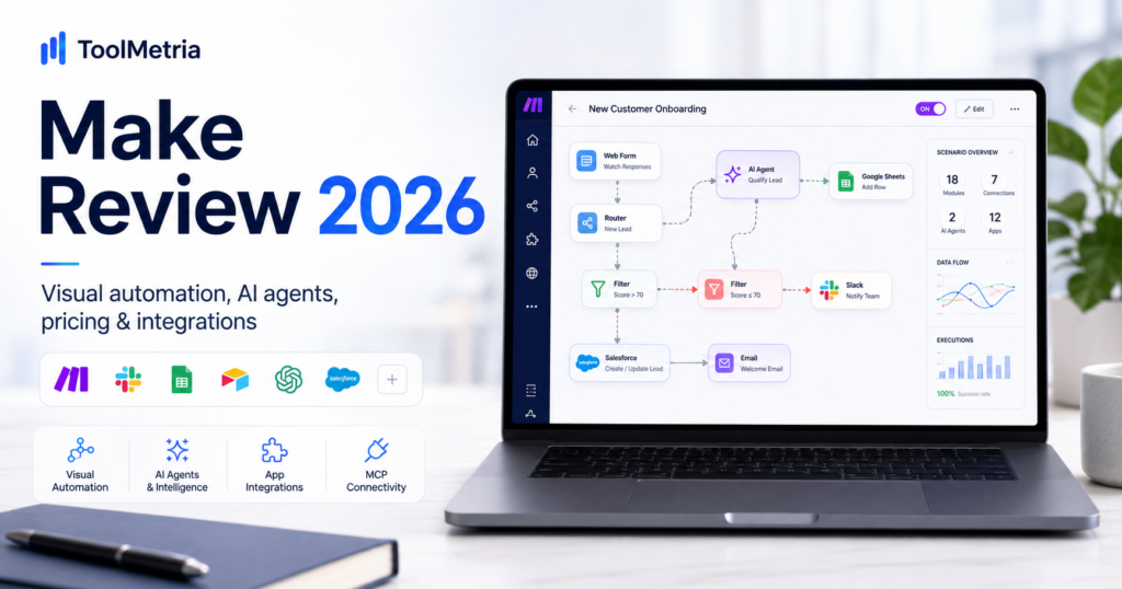 Make review 2026 dashboard with visual automation workflows and AI integrations for business process automation