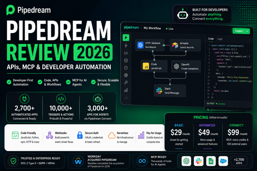 Pipedream review 2026 with APIs, MCP, JavaScript, Python and developer automation workflows