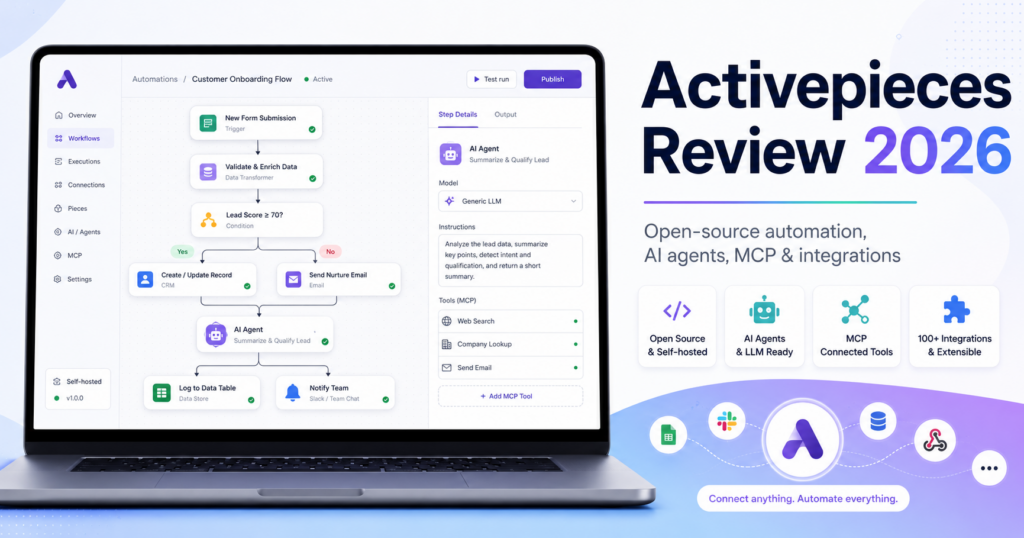 Activepieces review 2026 with open-source automation, AI agents, MCP and self-hosted workflows