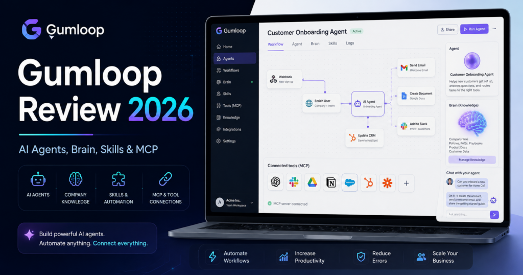 Gumloop review 2026 with AI agents, company knowledge, Skills, MCP and business automation