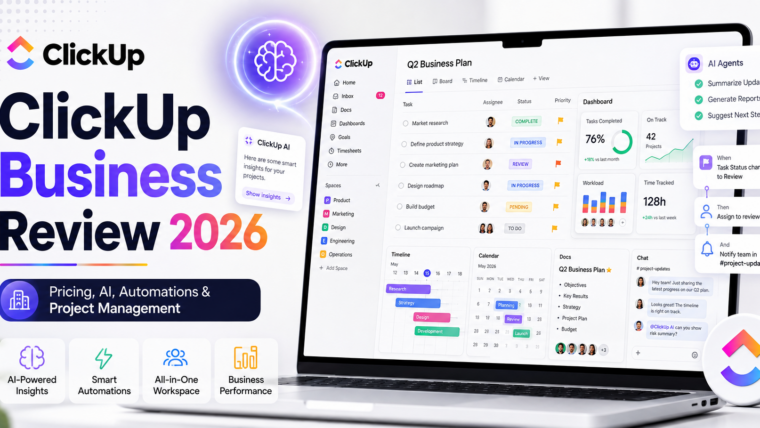 ClickUp Business review 2026 with AI, project management, dashboards, automations and team collaboration
