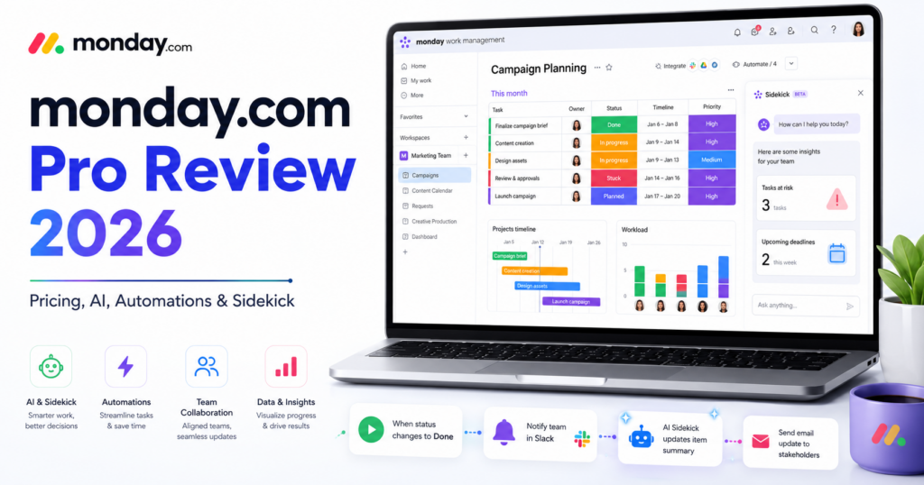 monday.com Pro review 2026 with AI Sidekick, automations, project management and team collaboration
