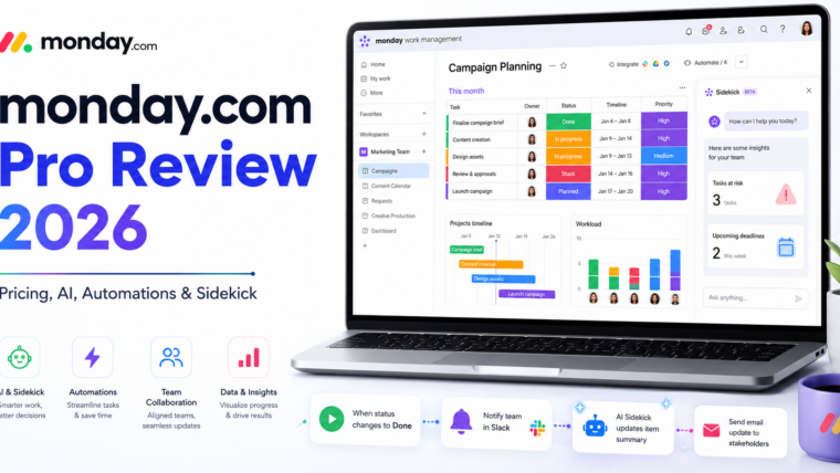 monday.com Pro review 2026 with AI Sidekick, automations, project management and team collaboration