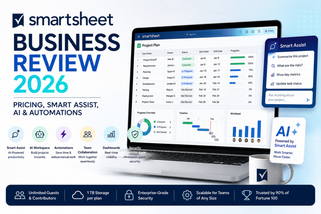 Smartsheet Business review 2026 with Smart Assist, AI, automations, dashboards and project management